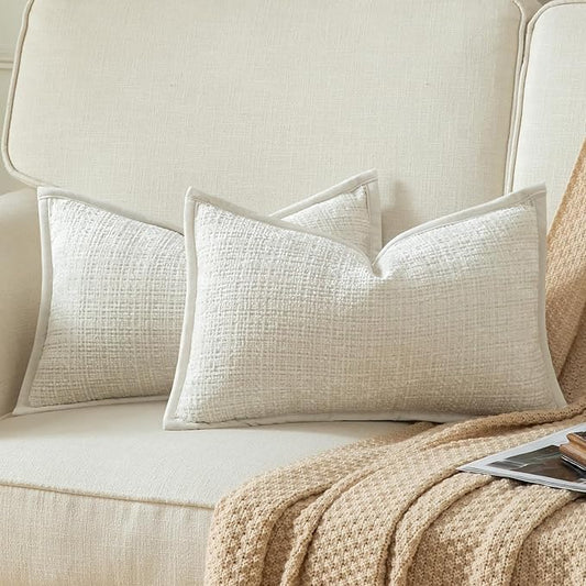 Yaertun Pack of 2 Chenille Textured Decorative Throw Pillow Covers Accent Solid Cushion Cover Soft Cozy Pillow Case with Velvet Back for Couch Sofa Bed Living Room 16x24 Inch Cream White