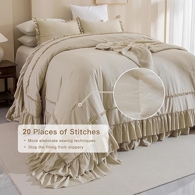 QSH Wheat Oversized King Comforter Set 120x120, Farmhouse Ruffled Bedding Comforter French Country Shabby Vintage Bed Comforter Microfiber Soft Lightweight Fluffy Bedding 3 PCs