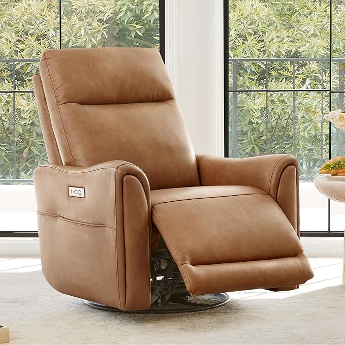 Watson & Whitely Power Recliner Chairs for Adults, Swivel Rocker Recliner Chair with Charging Ports for Living Room, Faux Leather RC011 (Camel)
