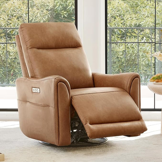 Watson & Whitely Power Recliner Chairs for Adults, Swivel Rocker Recliner Chair with Charging Ports for Living Room, Faux Leather RC011 (Camel)