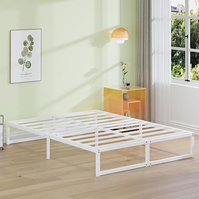 EMODA 12 Inch King Bed Frame, Metal Platform White Bed Frame King No Box Spring Needed, Heavy Duty Steel Slats Support, Easy Assembly, Noise Free