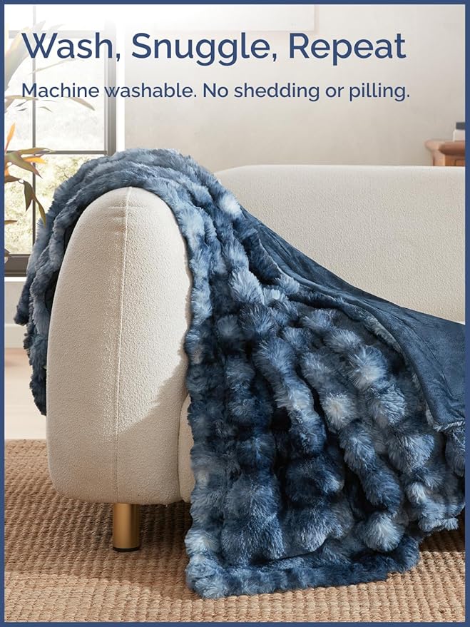 Fluffy Throw Blanket Twin Size - Faux Fur Throw for Couch or Bed - Plush Soft Extra Thick Faux Fur Rabbit Blanket - Comfy, Warm and Breathable - Luxury Minky Tie Dye Bedding - 60" x 80", Marble Blue
