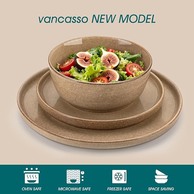 vancasso ANYA 18 Pieces Plates and Bowls Set, Caramel Dinnerware Sets, Reactive Glaze Dishes Set for 6, Ceramic Dishware Sets Kitchen Dinner Set, Microwave & Dishwasher Safe
