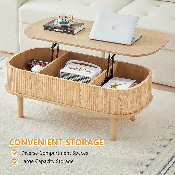 Fluted Lift Top Coffee Table with Hidden Compartment, Fully Assembled Wooden Center Table, Modern Oval Lift Tabletop for Home Living Room Office, Natural