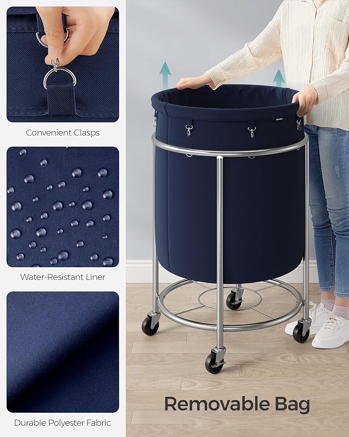 SONGMICS 50.2-Gallon (190 L) Laundry Basket with Wheels, Rolling Round Heavy-Duty Laundry Hamper Cart with Steel Frame and Removable Bag, 2 Locking Wheels, Charcoal Blue and Metallic Silver URLS001Q01