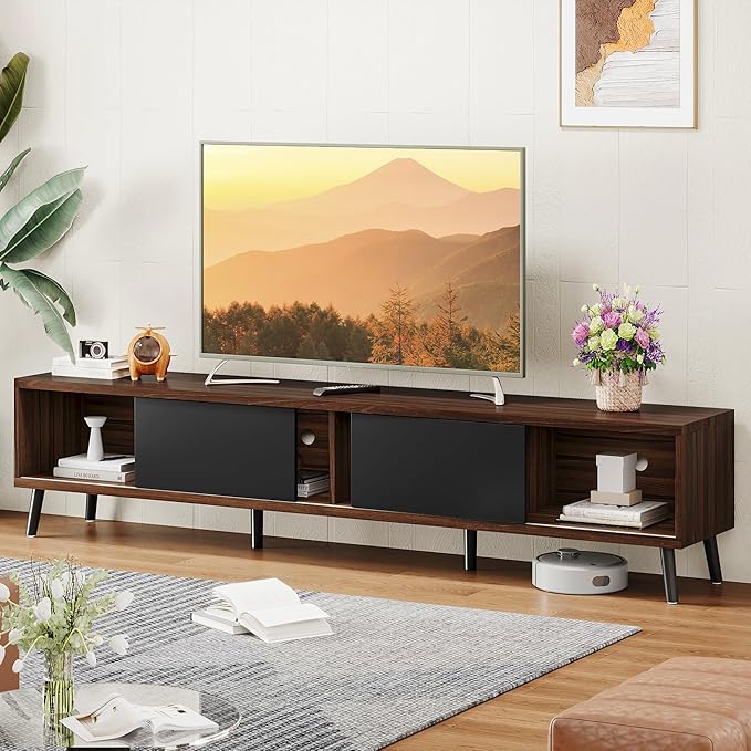 Clikuutory Mid Century Modern 70 Inch TV Stand with Two Large Storage Space for 50 55 60 65 70 75 80 Inch TVs, TV Console with Two Sliding Door, Entertainment Center for Bedroom, Walnut