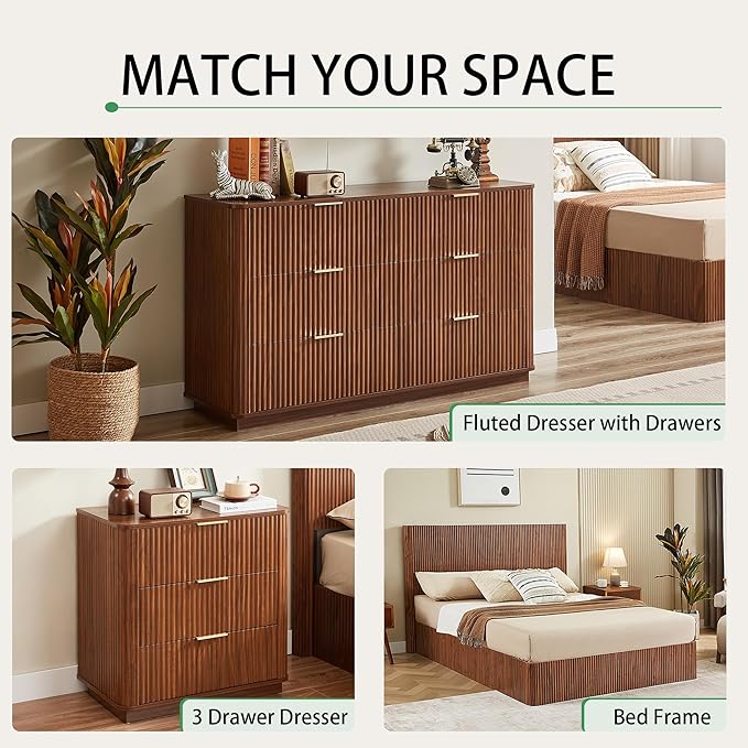VMU Fluted Dresser with 6 Deep Drawers，55" Modern Wooden Chest of Drawers with Metal Handles, TV Stand with Curved Profile, Closet Clothes Storage Organizer for Bedroom, Living Room, Hallway (Walnut)