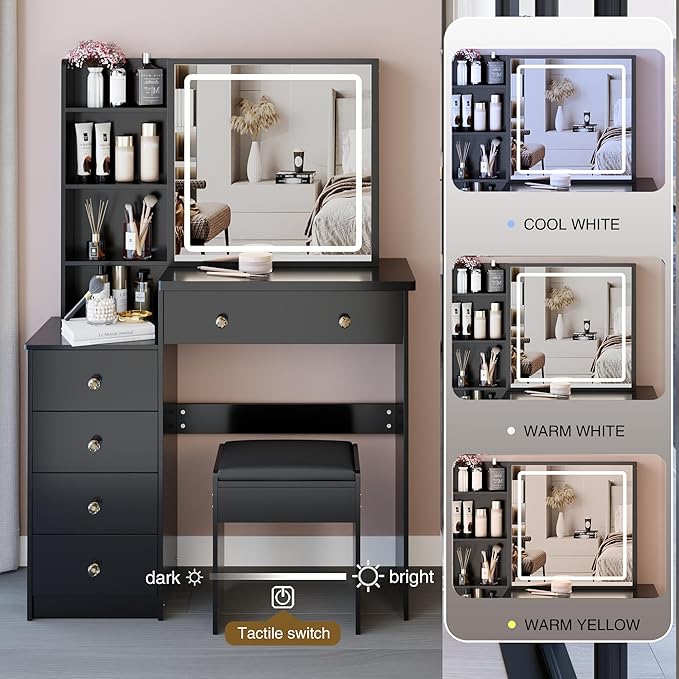 37" Vanity Desk with Mirror and Lights, Makeup Table with Led Lights and Sliding Mirror, 3 Lighting Colors, Vanity Set with Drawers and Stool for Bedroom, Black
