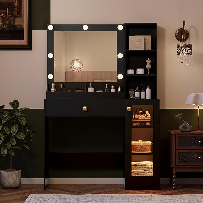 Makeup Vanity with Mirror and Lights, 34'' Wide Dressing Table with Charging Station & RGB Glass Cabinet, Small Vanity Desk with 3 Color Lighting Modes & Adjustable Brightness, Black