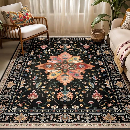 Area Rugs 5'x7' Washable Non-Slip, Floral Vintage Distress Print Pattern Medallion Carpet for Living Room Bedroom Dining Room, Black Colorful Floral Dark Tan