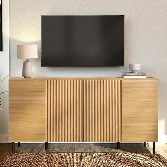 WAMPAT 61.6" TV Stand Cabinets for TVs up to 75 Inches, Entertainment Center with Storage Cabinets and 4 Doors, Mid Century Modern Media TV Console Table for Living Room Bedroom, Oak
