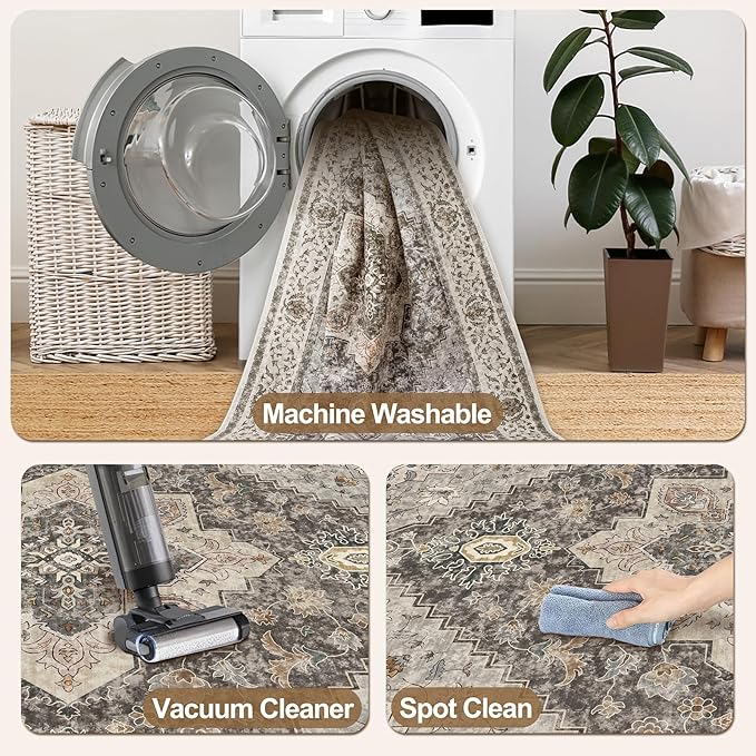 9x12 Vintage Area Rugs for Living Room, Washable Indoor Non Slip Large Area Rugs, Print Distressed Brown Carpet, Soft Low Pile Rug Foldable Floor Rug for Bedroom Dining Room Dorm