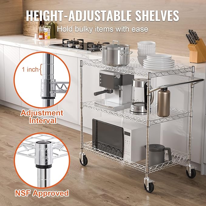 VEVOR Kitchen Utility Cart, 3 Tiers, Wire Rolling Table with 661 LBS Capacity, Steel Service Desk on Wheels, Metal Storage Trolley with 80 mm Deep Basket Curved Handle 6 Hooks