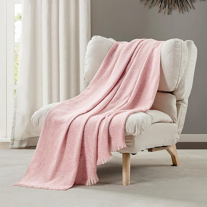 BOURINA Faux Cashmere Fringe Throw Blanket Decorative Lightweight Throw Soft Cozy for Bed or Sofa Outdoor Blanket, 50x70 Inches Pink