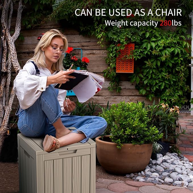 28 Gallon Waterproof Resin Deck Box, Lockable Outdoor Storage Box for Patio Furniture, Garden Tools, UV Resistant, and Multi-Functional (Brown)