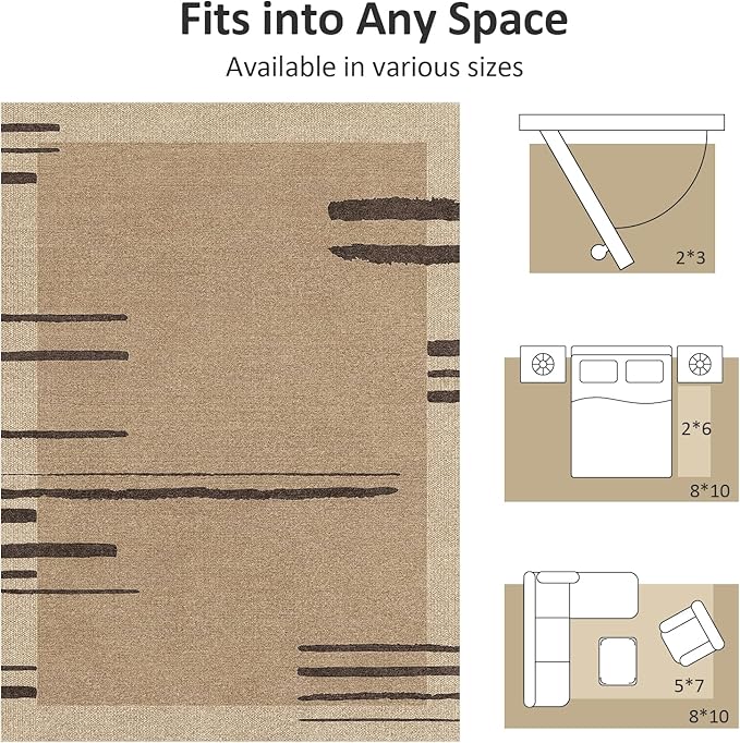 Easy Jute Area Rug 8x10, Large Living Room Washable Rug Indoor Outdoor Patio 8x10 Carpet, Farmhouse Irregular Pattern Throw Non Slip Black Carpet for Backyard Dining Room, Brown/Black