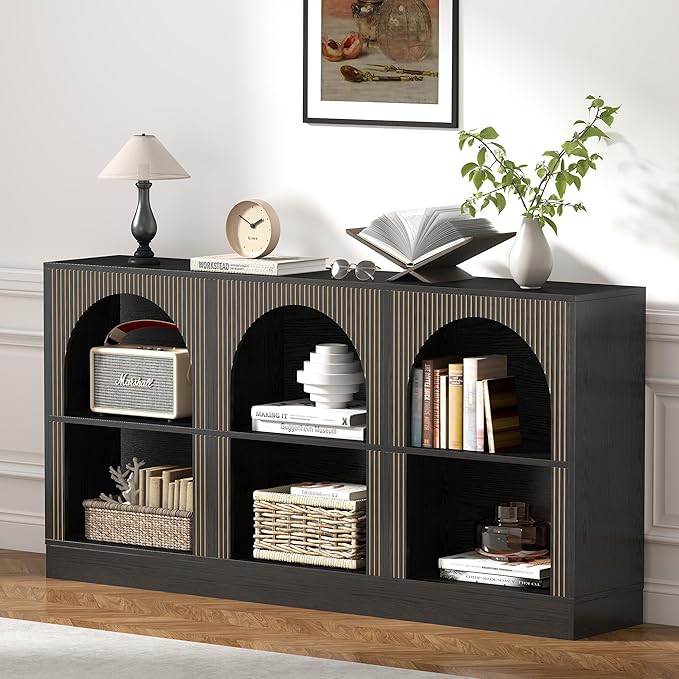 Console Table with 3-Tier Open Storage, 63" Arched Entryway Table with Carved Fluted Panels, Rectangular Wooden Sofa Table for Living Room, Hallway, or Behind Couch (1, Black)
