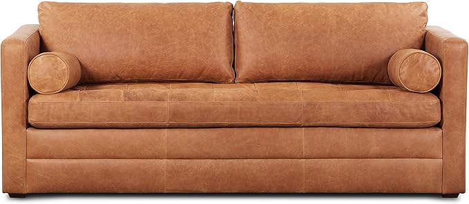 POLY & BARK Napa 82" Pull-Out Convertible Sleeper Sofa in Full-Grain Pure-Aniline Italian Leather, Cognac Tan