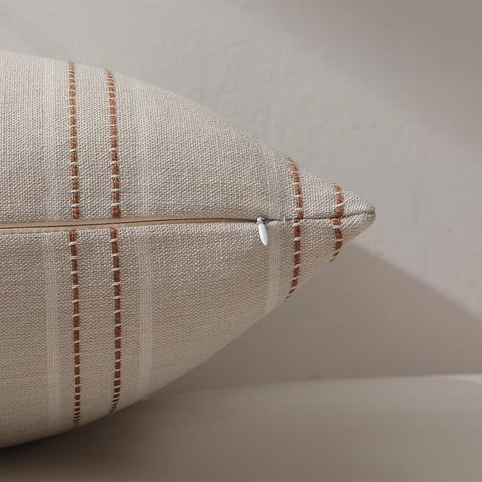 Hckot Fall Throw Pillow Covers 16x16 Set of 2 Striped Pillow Covers Textured Linen Decorative Pillows Square Cushion Covers for Sofa Couch Bed Living Room Farmhouse Decor(Rust)