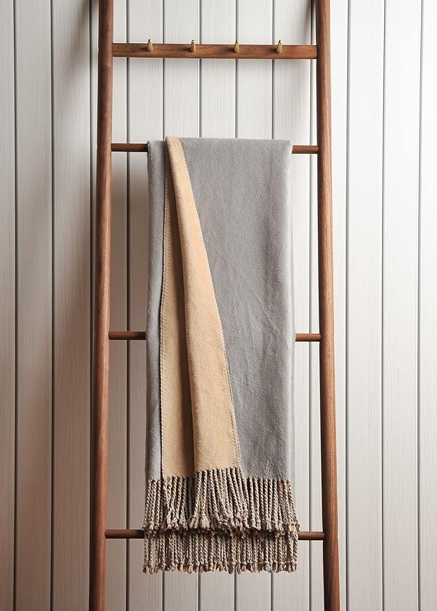 EP Mode Reversible Fringed Mulberry Silk Throw Blanket for Sofa (Light Grey/Beige)