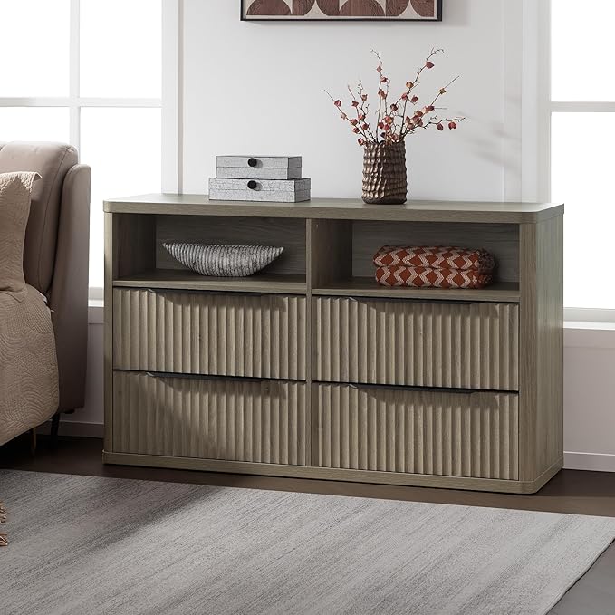 SICOTAS Dresser for Bedroom - Dressers & Chests of Drawers with 4 Drawers Large Modern Dresser for Closet with Open Shelf Fluted Wide TV Stand Clothes Closet Storage for Bedroom Hallway Entryway