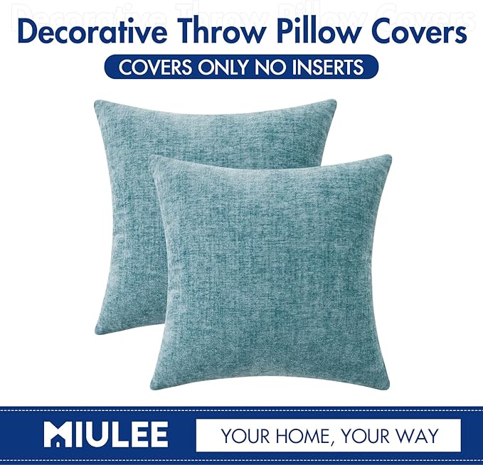 MIULEE Pack of 2 Couch Throw Pillow Covers 20x20 Inch Soft Smoke Blue Chenille Pillow Covers for Sofa Living Room Solid Dyed Pillow Cases