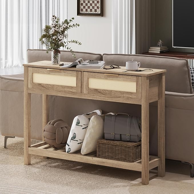 Console Tables with 2 Drawers,Rattan Entryway Table with Storage Shelf,Wood Boho Foyer Tables for Entryway,Farmhouse Console Tables for Living Room,Hallway, Sofa Table,Study Or TV Wall