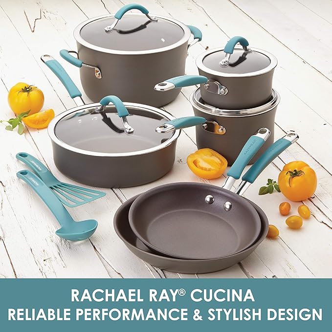 Rachael Ray Cucina Hard Anodized Nonstick Cookware Pots and Pans Set, 12 Piece, Gray & Cucina Nylon Nonstick Utensils/Fish Turner, Spatula, Solid and Slotted Spoons, 4 Piece, Agave Blue