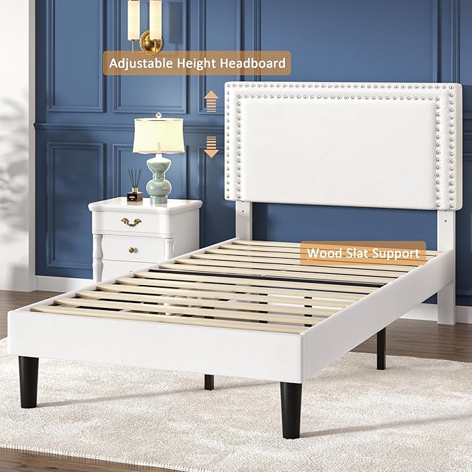 VECELO Twin Size Platform Bed Frame with Height Adjustable Upholstered Headboard, Strong Wood Slats Support, No Box Spring Needed, Easy Assembly