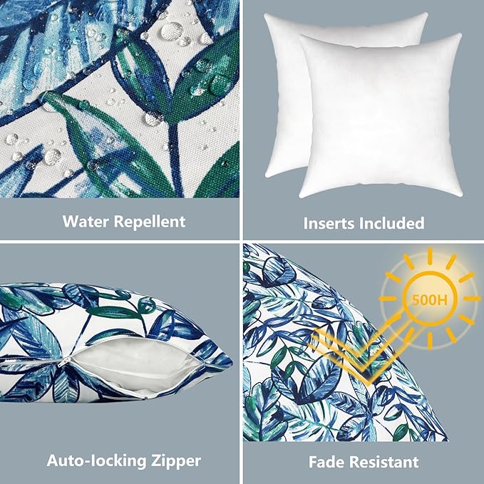 LVTXIII Outdoor/Indoor Throw Pillows, Decorative Throw Pillows with Inserts, 18"x18" Square Pillows for Bed, Couch, Sofa and Patio Furniture, Set of 2, Leaves Ink Blue