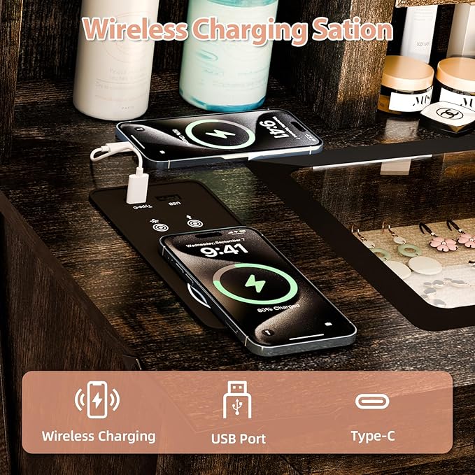 Farmhouse Makeup Vanity, Vanity Desk with 3 in 1 Charging Station and Human Body Sensing LED Lights, Vanity Table with Glass Tabletop & Hidden Jewelry Cabinet, Stool Included, Vintage Brown