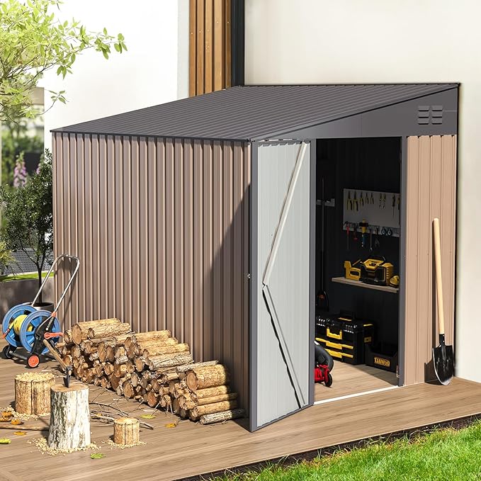 AECOJOY 6' x 8' Lean to Storage Shed Outdoor Storage, Storage Cabinet Shed Metal Wall Side Storage Sheds & Outdoor Storage, Garden Storage Cabinet for Backayrd, Patio, Outdoor Use in Grey