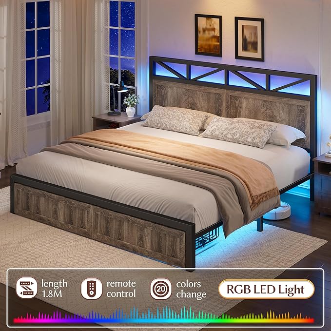 EnHomee Bed Frame Queen Size with Headboard and 2 Storage Drawers,Built in Charging Station,NO Noise,No Box Spring Needed,Grey