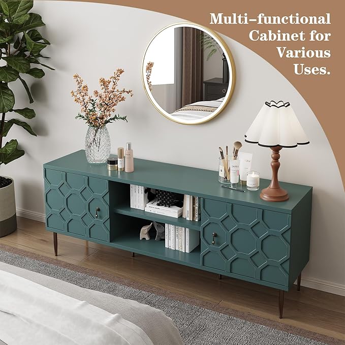 Modern TV Stand for 65/70inch TV, Entertainment Center with Storage Cabinet and Open Shelves, Embossed Pattern TV Stand, TV and Media Console for Living Room, Bedroom, Green