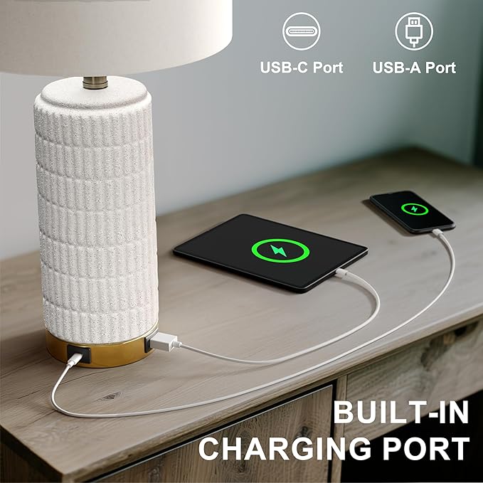 PoKat Touch Bedside Table Lamps with USB Ports for Bedroom, 25'' Dimmable Nightstand Touch Lamps for Night Stands, White Ceramic Lamps with Gold Base for Living Room End Side Table, Frosted White