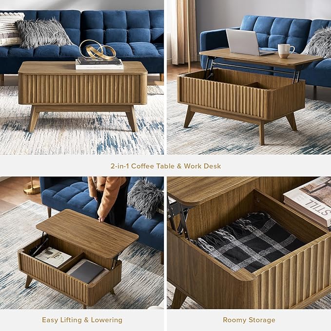 mopio Brooklyn Lift Top Coffee Table for Living Room, Mid Century, Modern Farmhouse with Lifting Tabletop & Hidden Storage, Fluted Panel, Rising Pull Up Dining Table (Walnut)