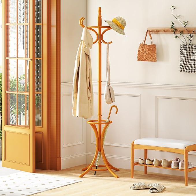 Tangkula Coat Rack with Umbrella Holder, 73 Inch Freestanding Coat Hanger Stand with 12 Hooks, Wooden Entryway Coat Tree for Clothes, Bags, Hats, Scarves, Living Room, Bedroom, Hallway (Natural)