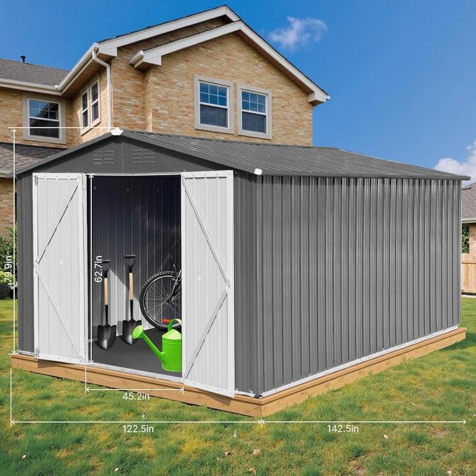 10 x 12 FT Outdoor Storage Shed with Floor, Metal Garden Tool Shed with Vents,Windows,Slooping Roof and Lockable Doors, All-Weather Bike Shed Easy to Assemble for Backyard, Patio, Lawn, Grey