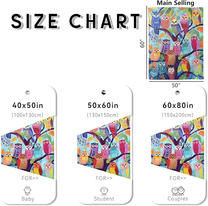 Colorful Owl Tree Blanket, Cozy Flannel Vibrant Owls on Branches Throw Blanket for Couch Outdoor, Plush Soft Lightweight Travel Blankets for Bed Decor and Gifts, for Women Kids Adults 50"x60"