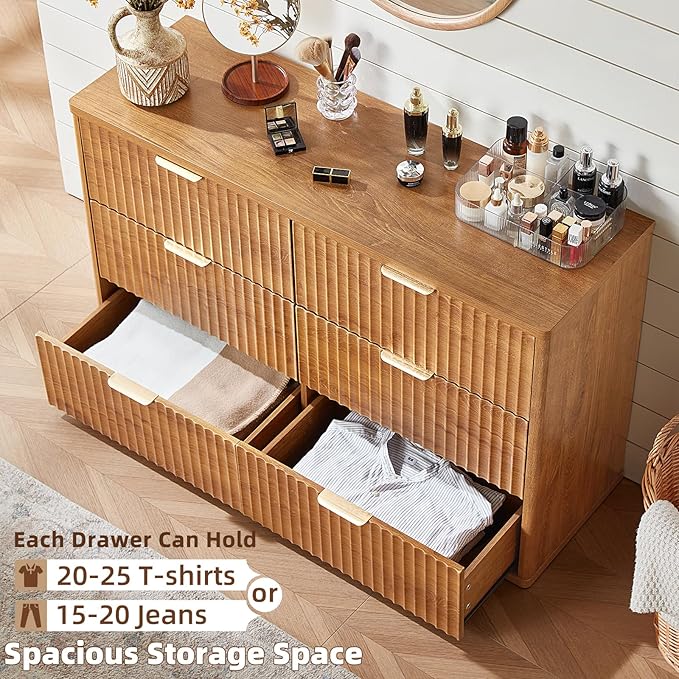 LEYAOYAO Fluted 6 Drawers Dresser Set of 2, 48" Wide Modern Chest of Drawers with Metal Handle, Brown Curved Profile Dresser TV Stand, Wooden Drawer Organizer for Bedroom, Living Room, Hallway
