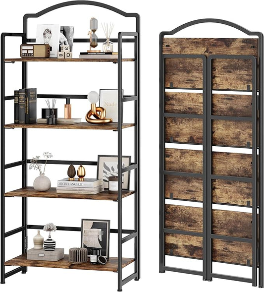 JSB No Assembly Folding Bookshelf, 4 Tier Book Shelf for Storage, Vintage Wood Foldable Bookcase for Living Room, Bedroom, Office Organization Shelves