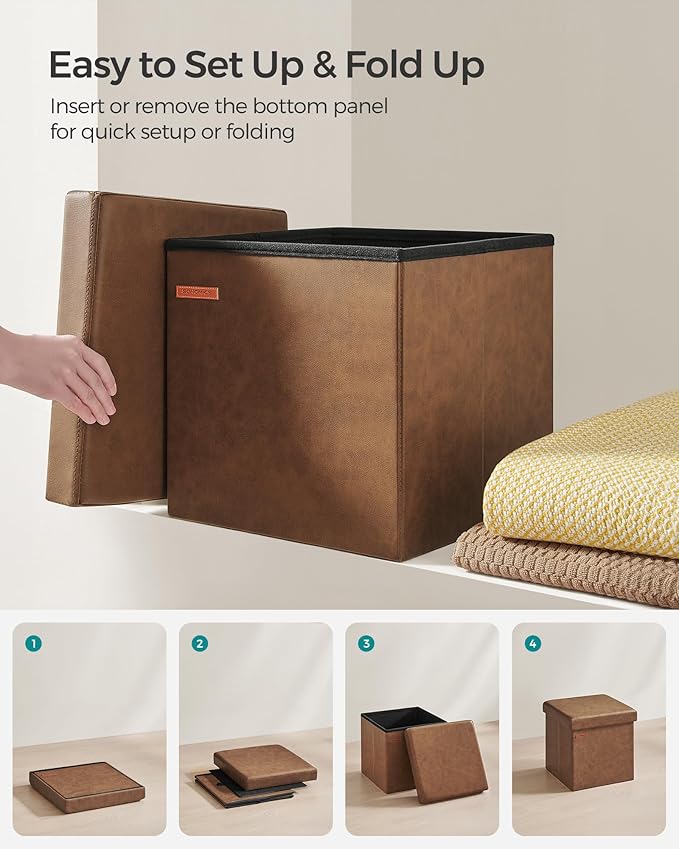 SONGMICS Mazie Collection - 15 Inches Ottoman with Storage, Footstool, Storage Ottoman, Load 660 lb, for Dorm, Living Room, Bedroom, Synthetic Leather, Coffee Brown ULSF010K01