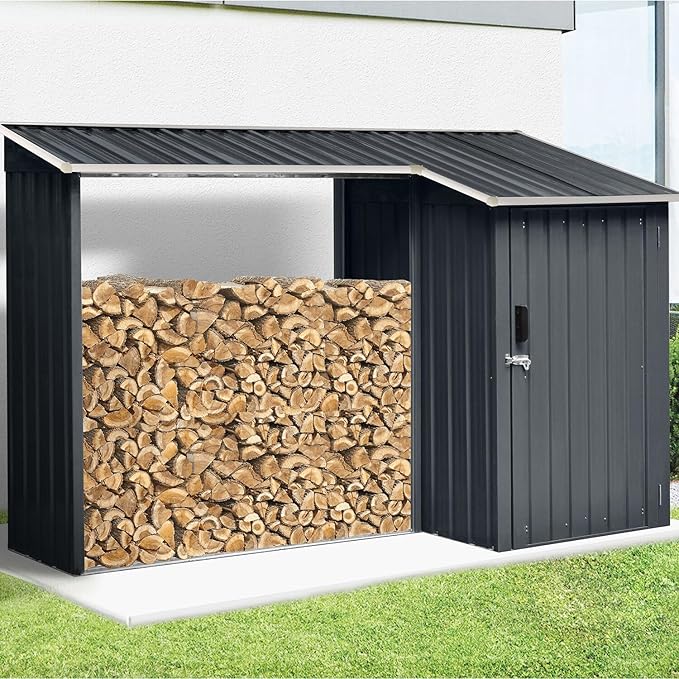 Hanover Outdoor 2 in 1 Multipurpose Sloped Roof Shed with 9 Square Feet Lockable Single Door Tool Storage and 42 Cubic Feet Raised Firewood Rack Made of Weather Resistant Galvanized Steel in Dark Gray