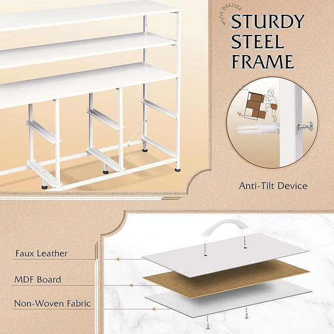 WLIVE White TV Stand for 40, 45 inch TV, Entertainment Center with LED Lights & Charging Station, TV Media Console Table with 6 Fabric Drawers and Open Shelves for Living Room, Hallway, Wood Top