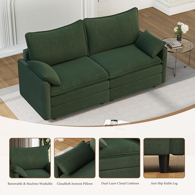Vesgantti 74" Loveseat Sofa for Living Room, Comfy Cloud Couch Deep Seat Chenille Modern 2 Seater Small Sofa with Armrest Pillow, Easy Assembly for Small Spaces, Green