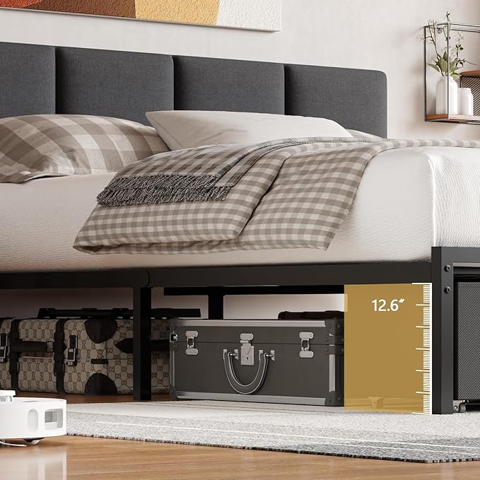 Furnulem Queen Bed Frame with Storage, Upholstered Bed Frame Queen Size with LED Light,USB Charging Station,Platform Bedframe with 2 Fabric Underbed Storage Drawers,No Spring Box Needed,Noise Free