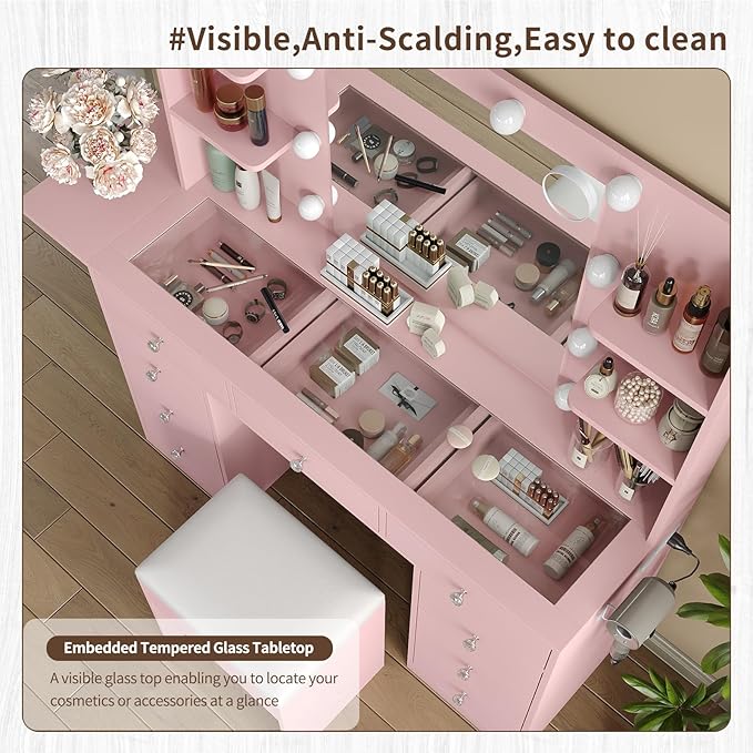 9 Drawers Vanity Desk & Power Outlet, Makeup Vanity with Mirror and 10 LED Lights, 3 Lighting Modes Brightness Adjustable, Makeup Table with 4 Shelves and Fold-up Panel, Vanity Set for Bedroom, Pink