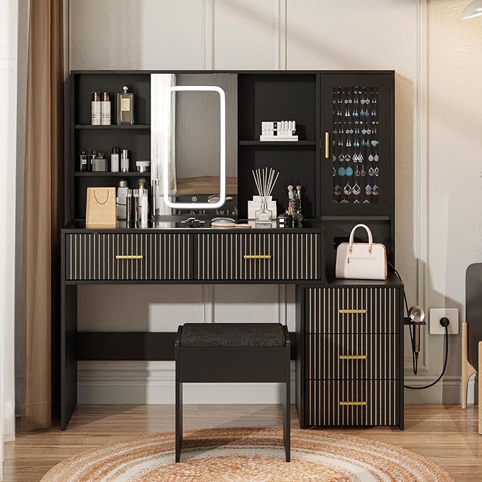 Large White Vanity Desk with Mirror and Lights，Vanity Table Makeup Vanity 5 Drawers with Power Strip Charging Station，Cushioned Stool for Bedroom, Dressing Room (Black)