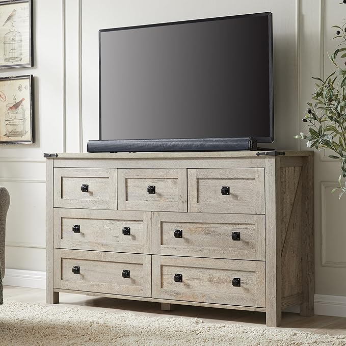 RedLemon 7 Drawer Dresser for Bedroom, Farmhouse 54" Wide Rustic Wood Dresser TV Stand, Dresser Chest of Drawers for Closet, Living Room, Hallway, Light Rustic Oak