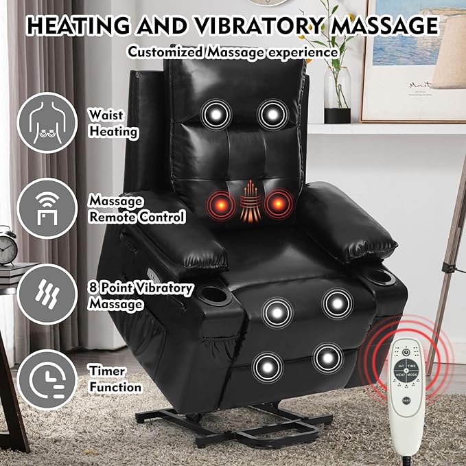 Polar Aurora Power Lift Chair for Elderly,Electric Recliner Chair with Vibrating Massage & Heating,Living Room Chair with Thickened armrest,USB Ports,2 Cup Holders,Black